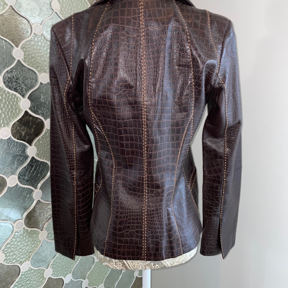 Cache Crocodile Embossed Brown Leather Blazer 2 - image 4